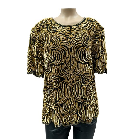 Vintage Royal Feelings Gold Beaded Sequin Blouse Silk Blend Short Sleeve Women L - Picture 1 of 10